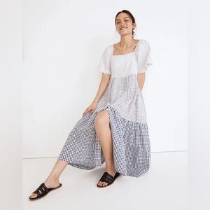 Madewell Patchwork Gingham Button-Front Tiered Midi Dress Distant Lavender XS